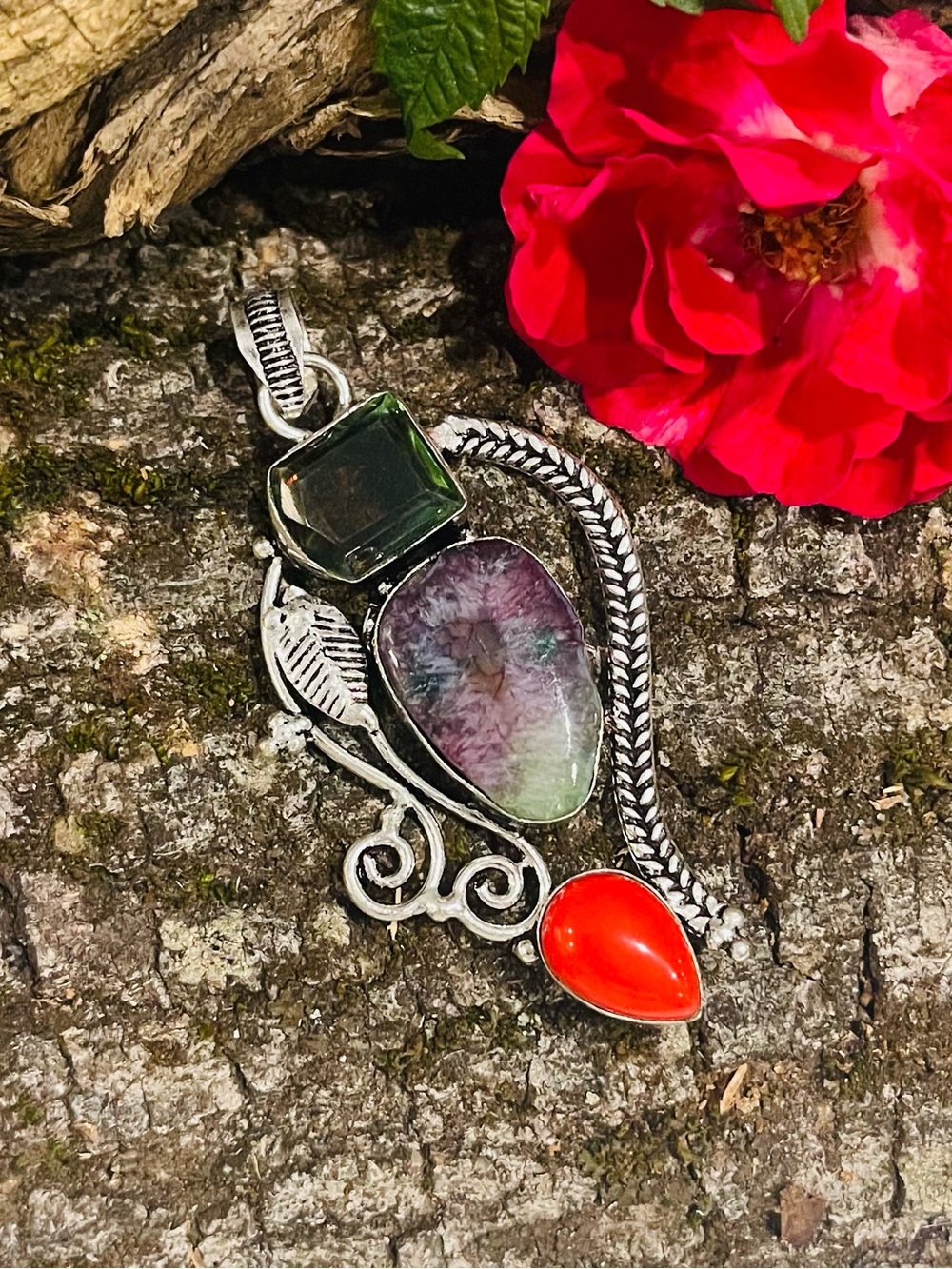 Rainbow Solar Quartz Coral Bi-Color Tournaline 925 Sterling Silver Pendant